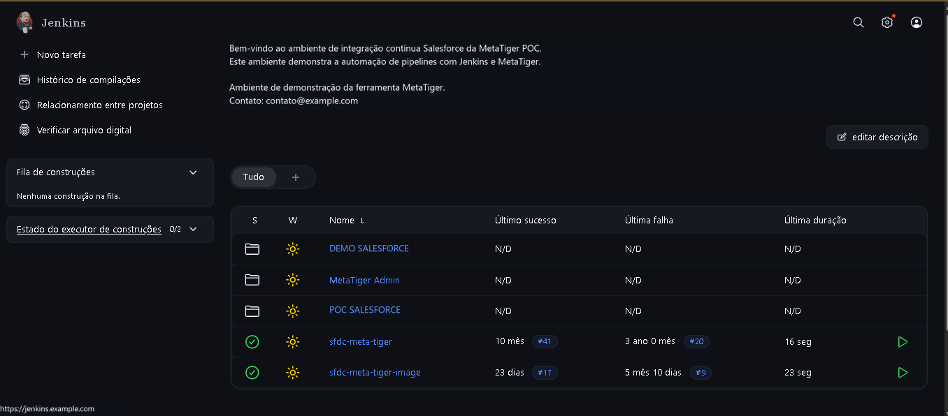 Painel de projetos — MetaTiger POC integrado ao Jenkins