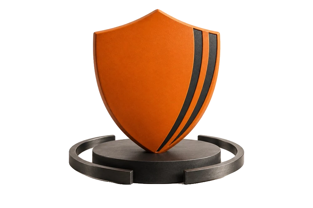 Escudo laranja com detalhes de listras, representando cuidado contínuo com o ambiente