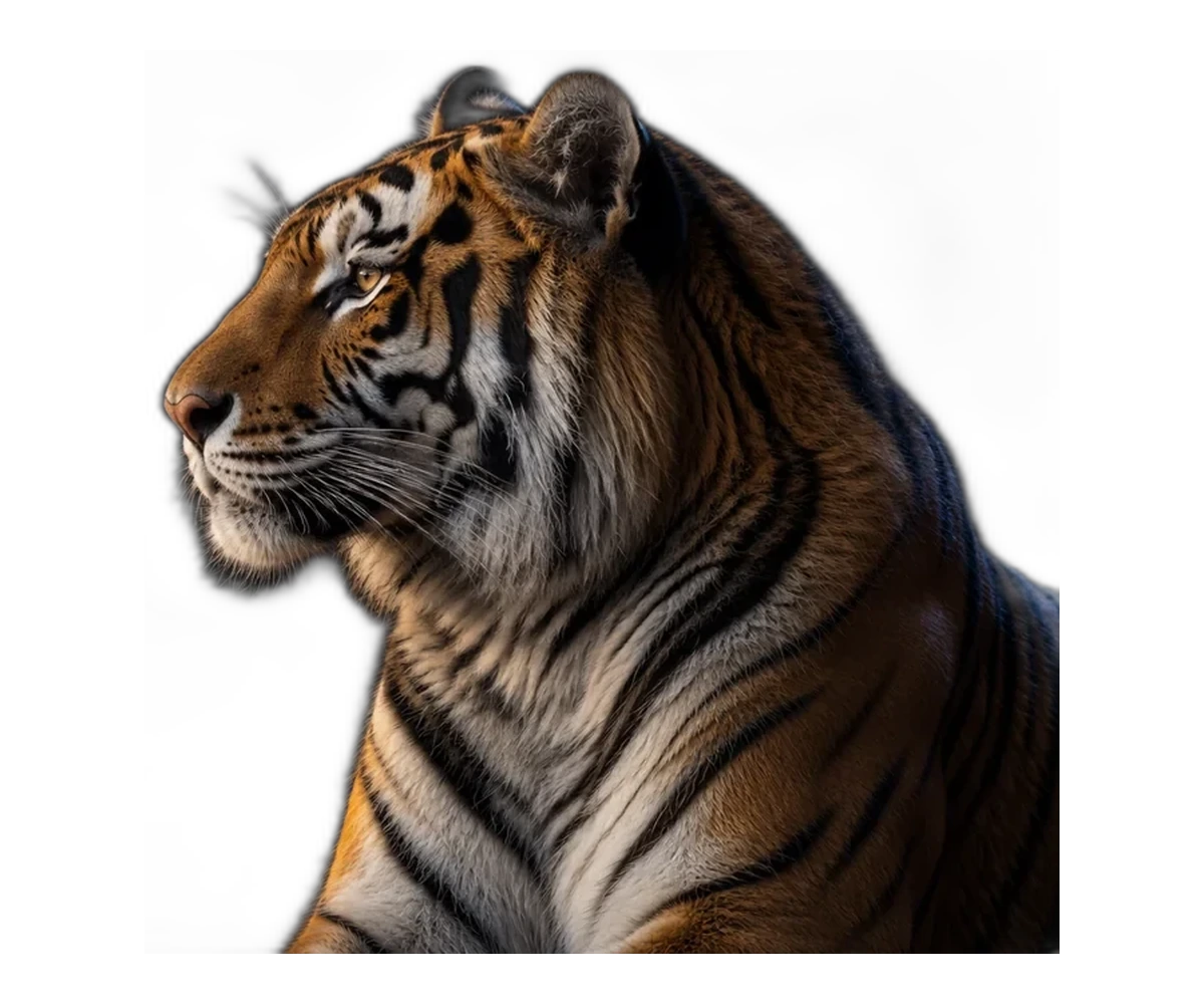 Tigre com expressão tranquila e boca fechada