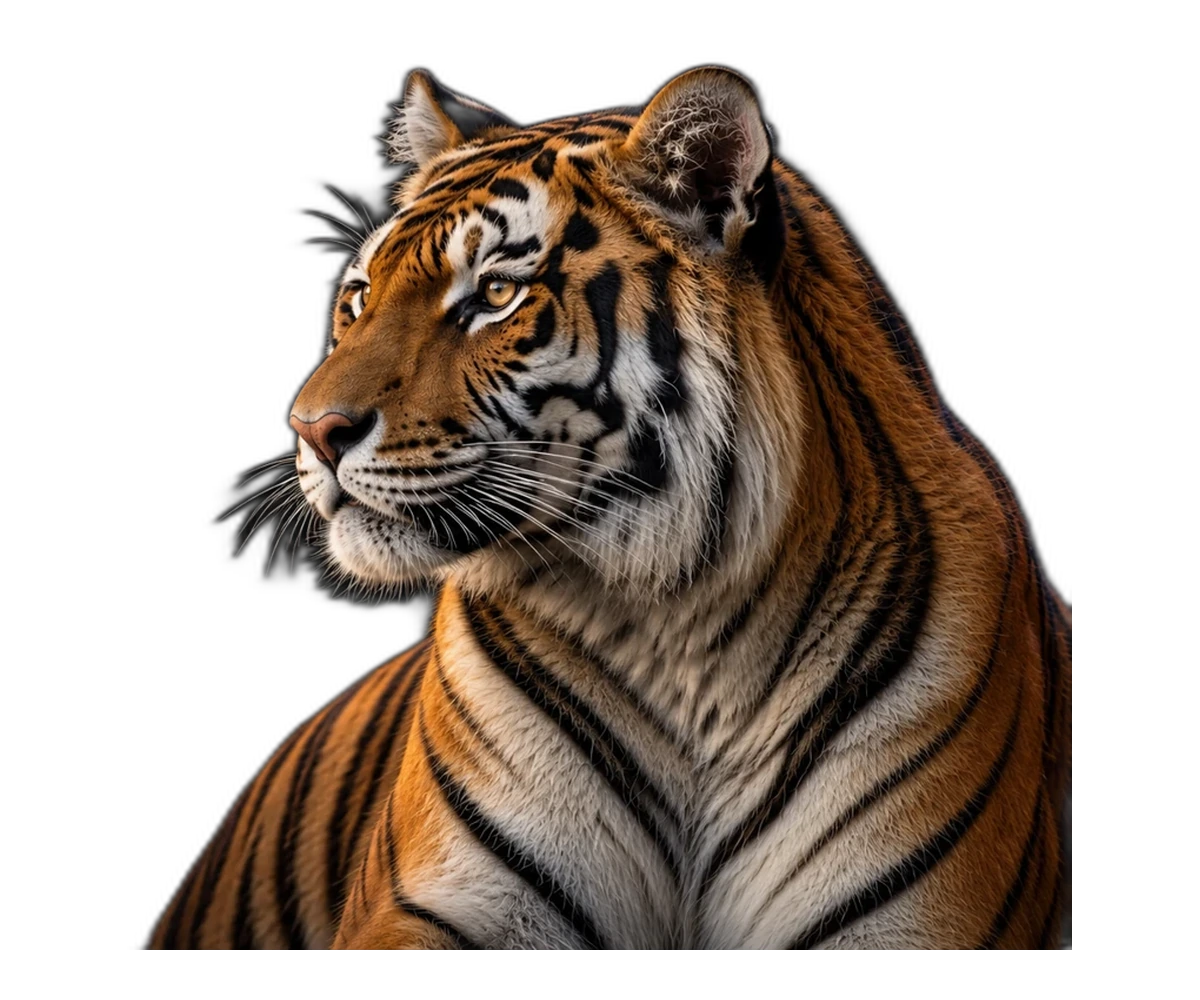 Tigre em perfil com expressão tranquila, olhando em direção ao texto